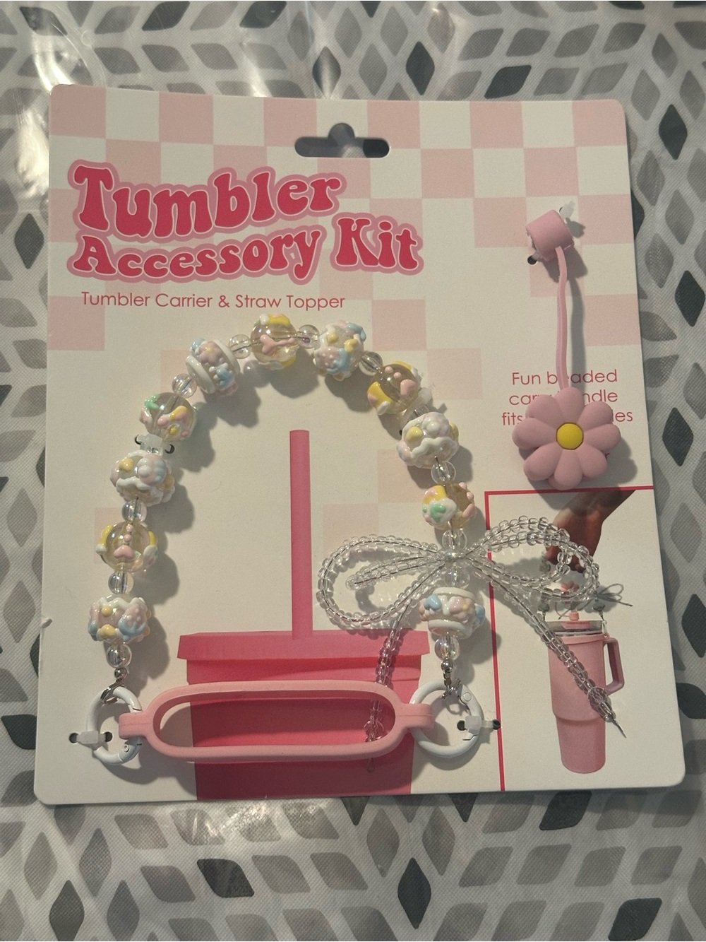 Pink Kids Tumbler Accessory Set with Beaded Strap & Flower Straw Topper